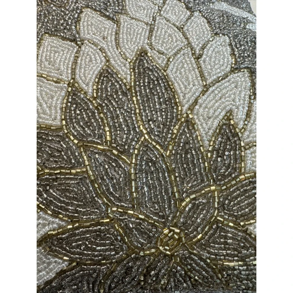 Pier 1 Imports Vintage Beaded Floral Throw Pillow Silver Gray Metallic 12
